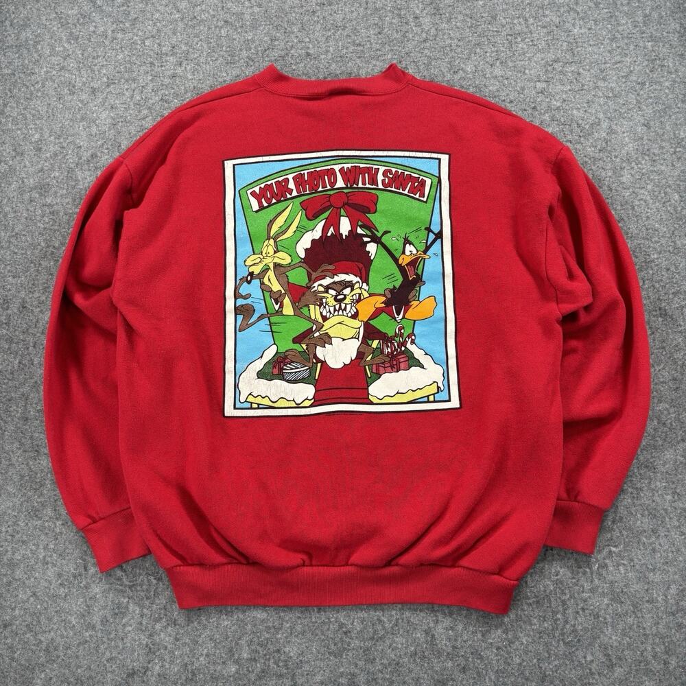 Vintage 90s Tultex Looney Tunes Christmas Sweatshirt XL Taz Photo With Santa Red